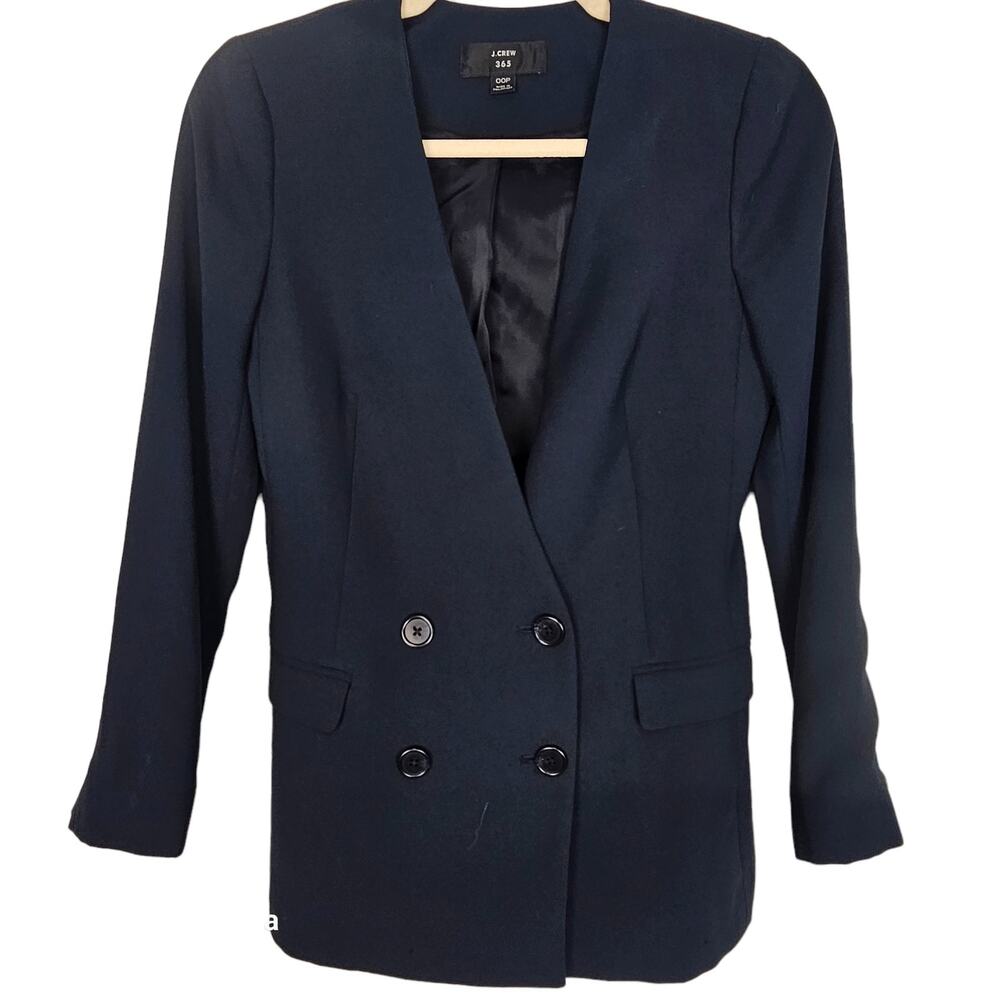 J. Crew 365 Womens Collareless Double Breasted Blazer Sz 00P Navy Classic Career